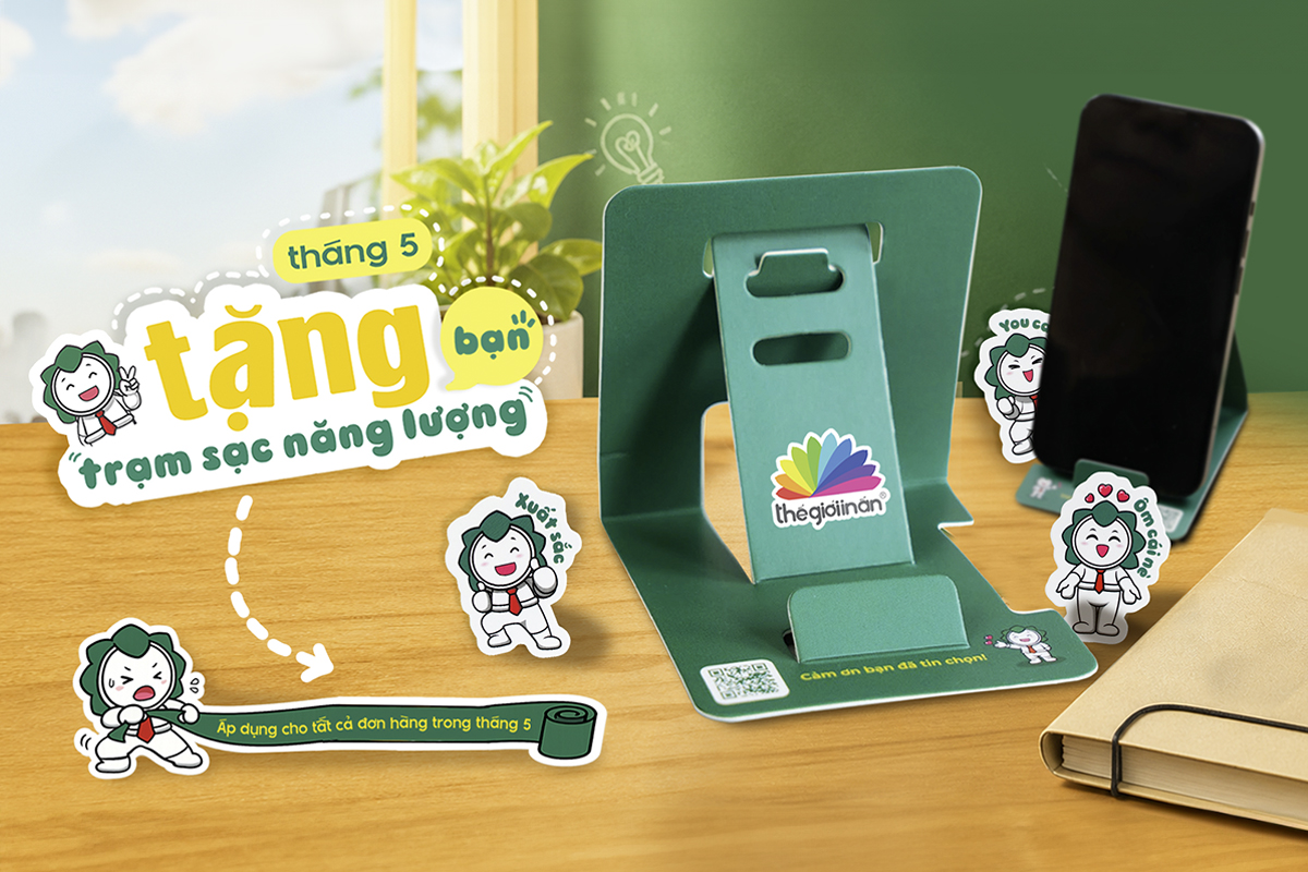 Thế Giới In Ấn tặng khách hàng bộ Đế đỡ điện thoại và Sticker bé Cỏ trong tháng 5