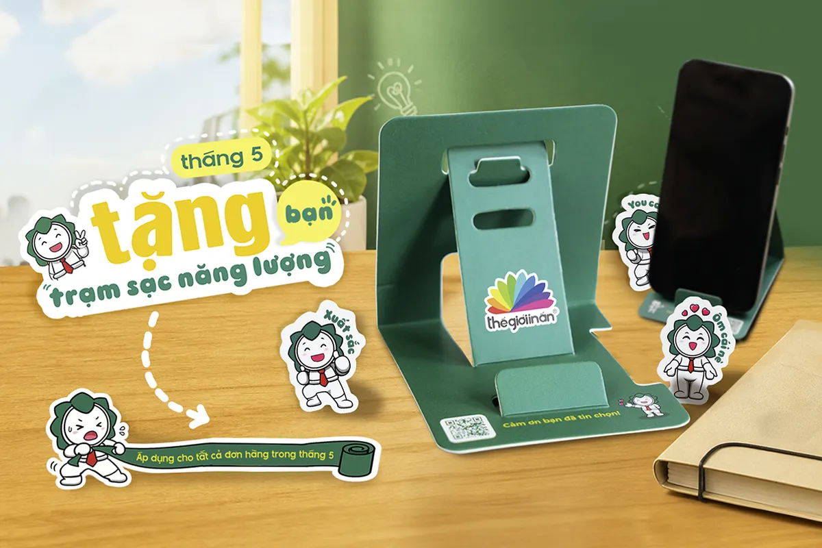 Thế Giới In Ấn tặng khách hàng bộ Đế đỡ điện thoại và Sticker bé Cỏ trong tháng 5