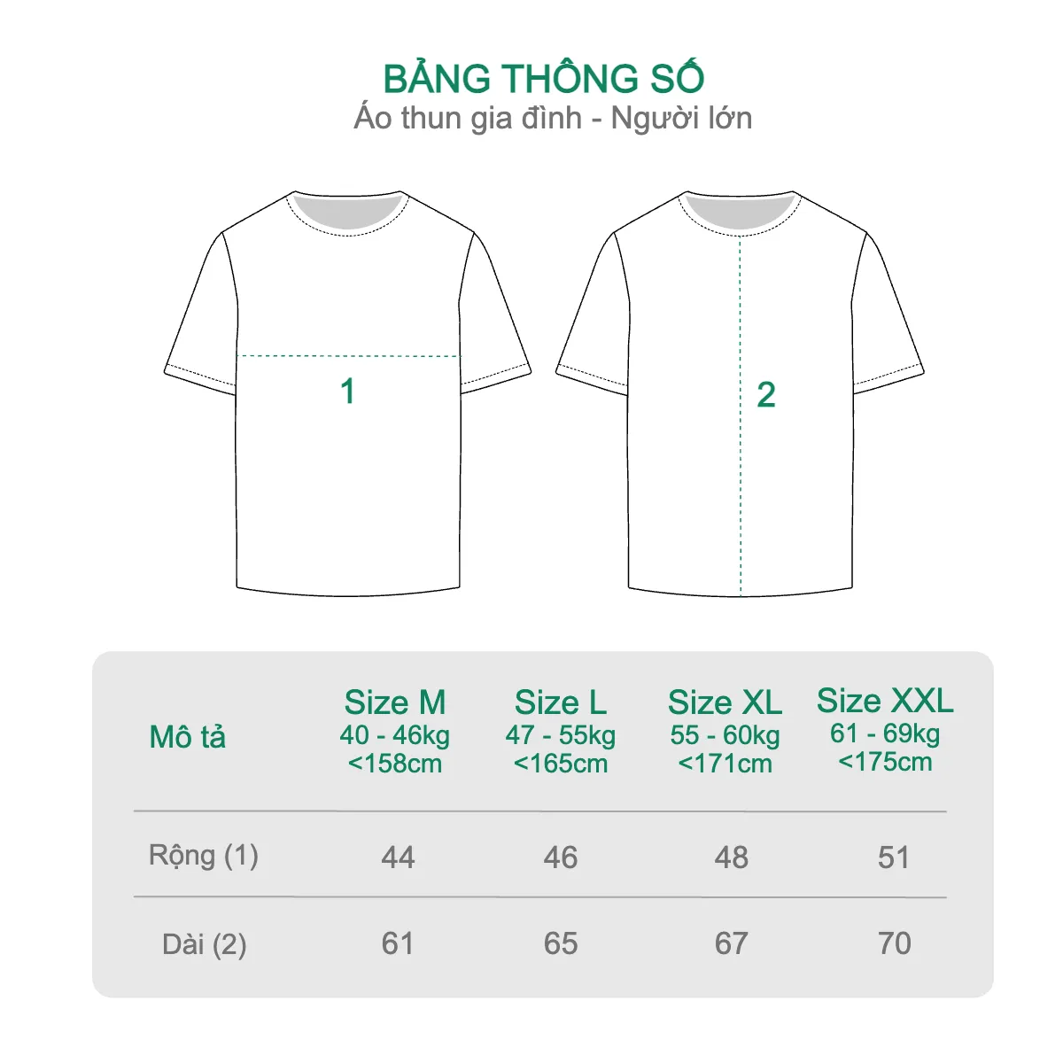 Bảng size áo thun người lớn