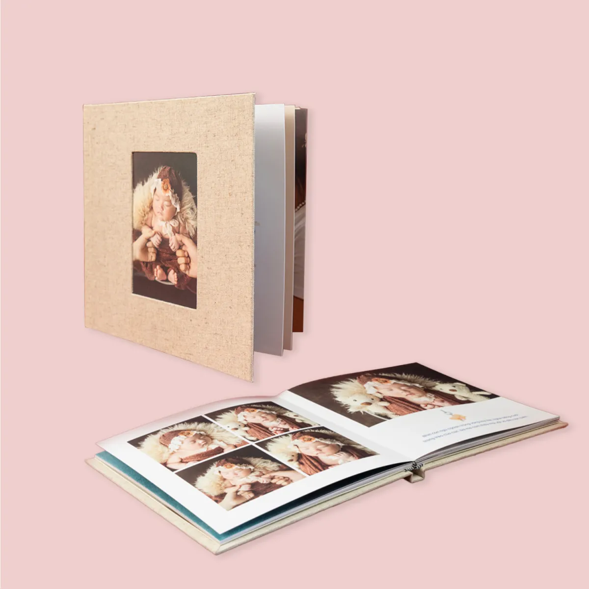Photobook mở phẳng liền trang bìa linen & ảnh mica giữa